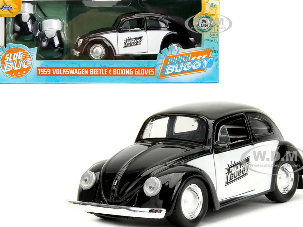 1959 Volkswagen Beetle Punch Buggy Black and White and Boxing Gloves Accessory Punch Buggy Series 1/32 Diecast Model Car Jada 34233