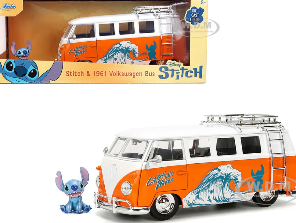 1961 Volkswagen Bus "Catching Waves" White and Orange with Stich Diecast Figure "Disney's Stitch" "Hollywood Rides" Series 1/24 Diecast Model by Jada