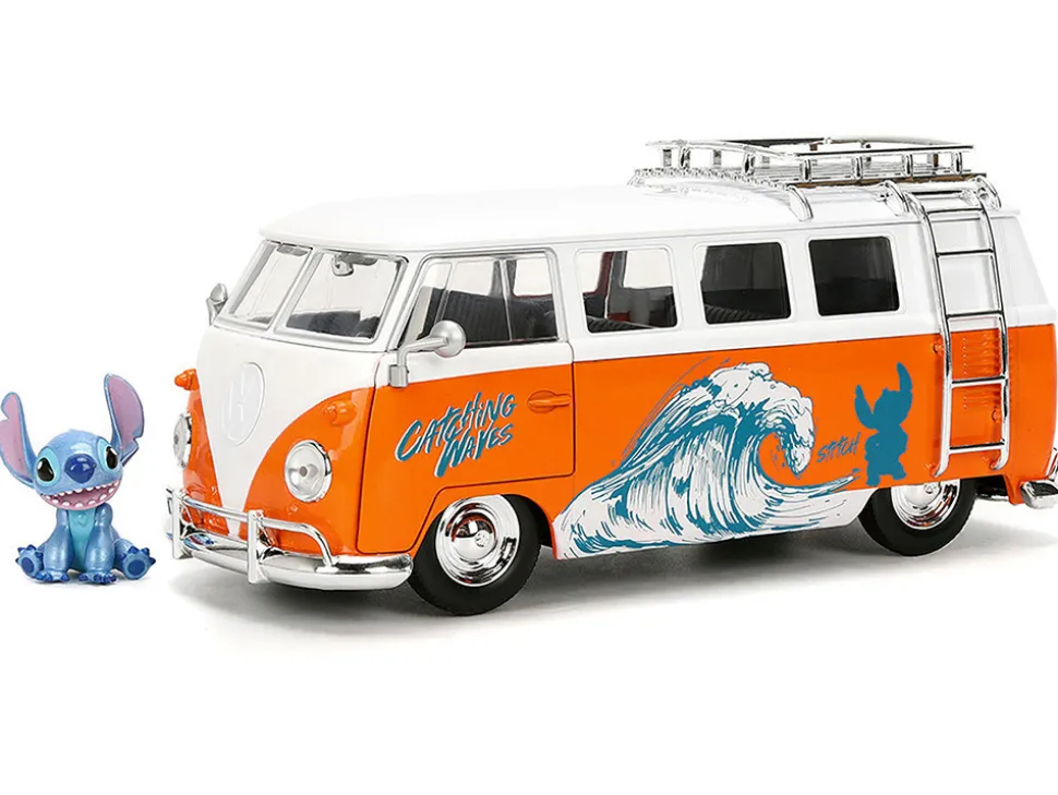 1961 Volkswagen Bus "Catching Waves" White and Orange with Stich Diecast Figure "Disney's Stitch" "Hollywood Rides" Series 1/24 Diecast Model by Jada
