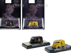 1960 Volkswagen Delivery Van Black with Graphics and 1960 Volkswagen Delivery Van Gold Metallic with Graphics 