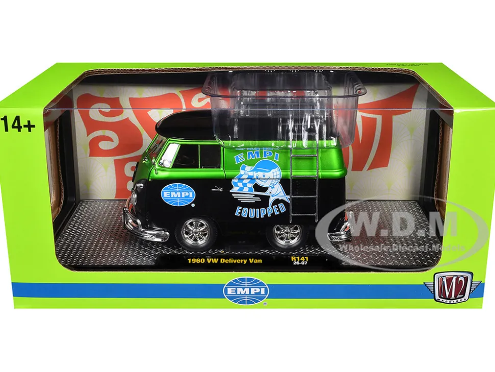 1960 Volkswagen Delivery Van "EMPI Equipped" Black and Green Metallic with Roof Rack and Ladder Limited Edition to 4050 pieces Worldwide 1/24 Diecast Model Car by M2 Machines