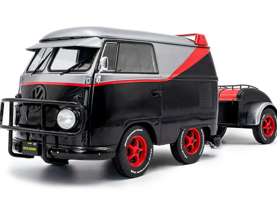 2024 Volkswagen Kool Kombi Sport Van with Trailer Black and Silver with Red Stripe 1/18 Diecast Model Car by Solido
