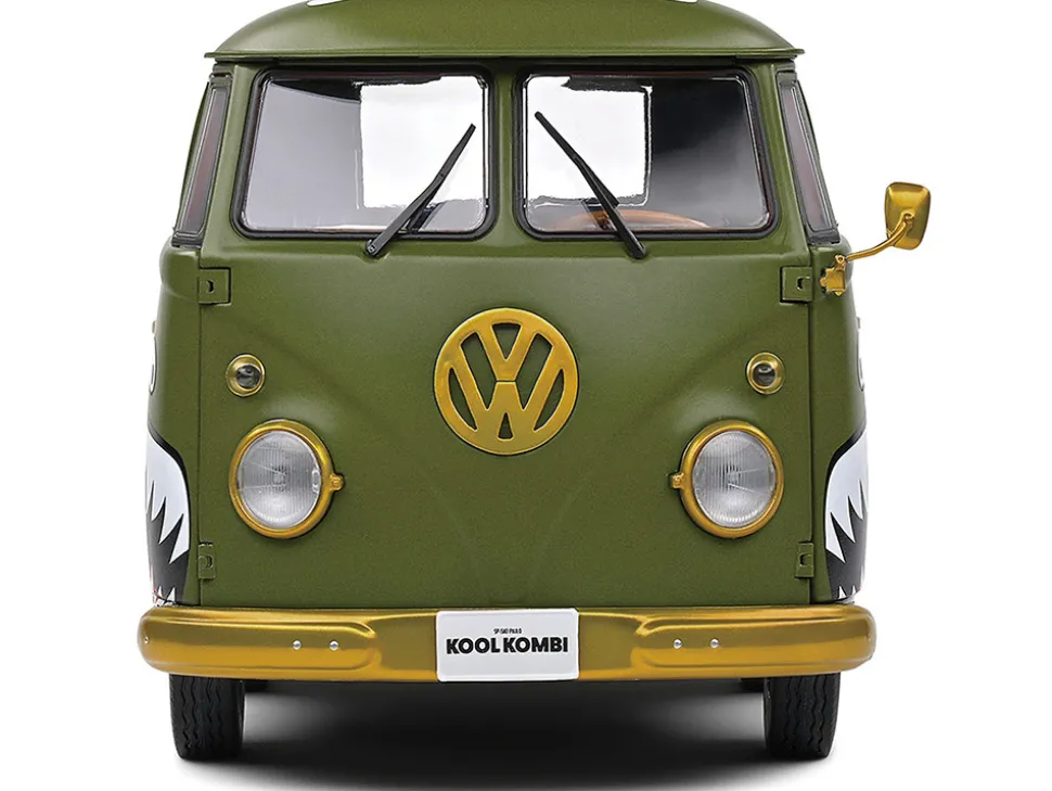 1950 Volkswagen Kool Kombi Van with Trailer "Army Fighter" Green with Graphics 1/18 Diecast Model Car by Solido