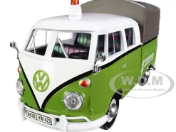 Volkswagen T1 Pickup Canopy Green White Trailer Road Service 1/24 Diecast Model Car Motormax 79676