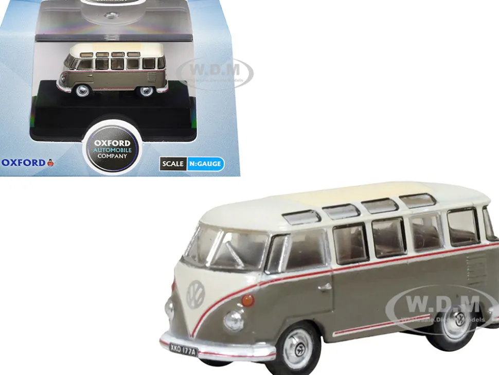 Volkswagen T1 Samba Bus Mouse Grey and Pearl White with Red Stripes 1/148 (N) Scale Diecast Model Car by Oxford Diecast