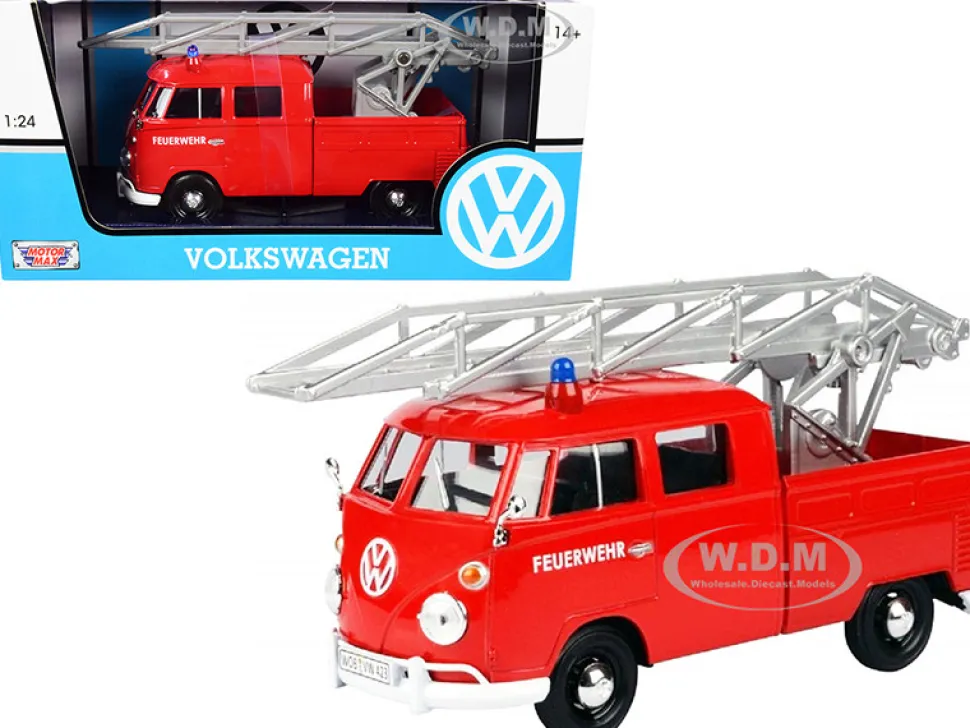Volkswagen Type 2 T1 Fire Truck Aerial Ladder Feuerwehr Red 1/24 Diecast Model Car Motormax 79584