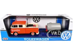 Volkswagen Type 2 T1 Pickup Truck Orange Cream Oil Trailer Road Service 1/24 Diecast Model Car Motormax 79674