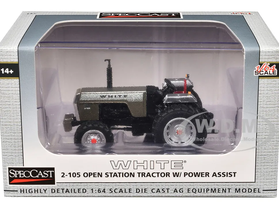 White 2-105 Open Station Power Assist Tractor Brushed Metal with White Stripes 1/64 Diecast Model by SpecCast