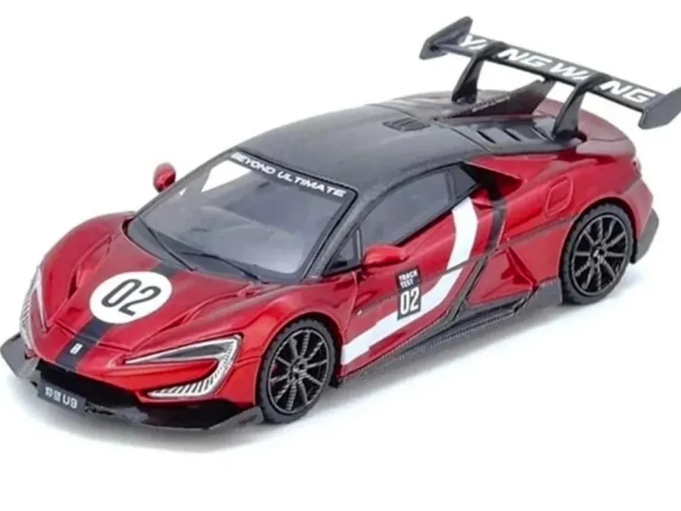 2025 Yangwang U9 Xtreme Test Car #02 Red Metallic with White Stripes and Carbon Top "World Fastest EV Supercar" 1/64 Diecast Model Car by Inno Models